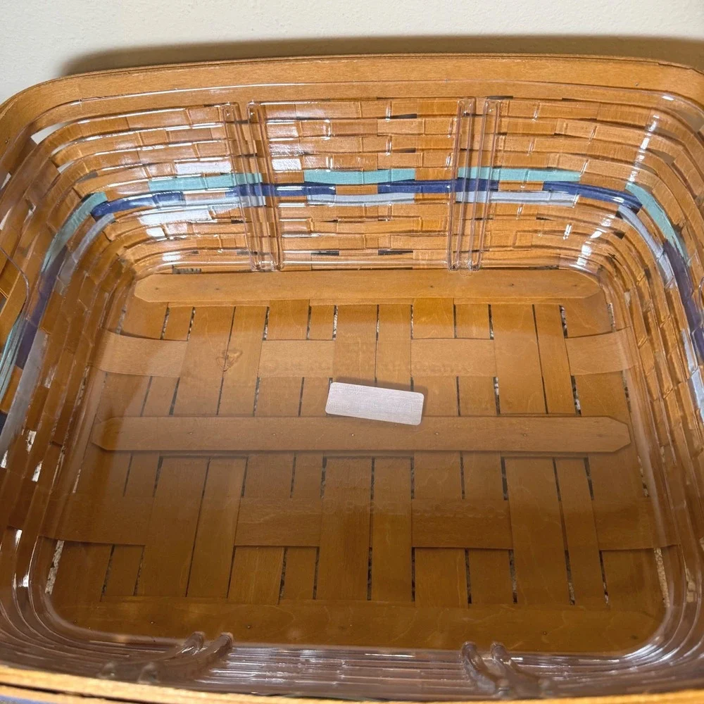 Longaberger Woven Wood Basket Leather Blue Handles Plastic Liner 17